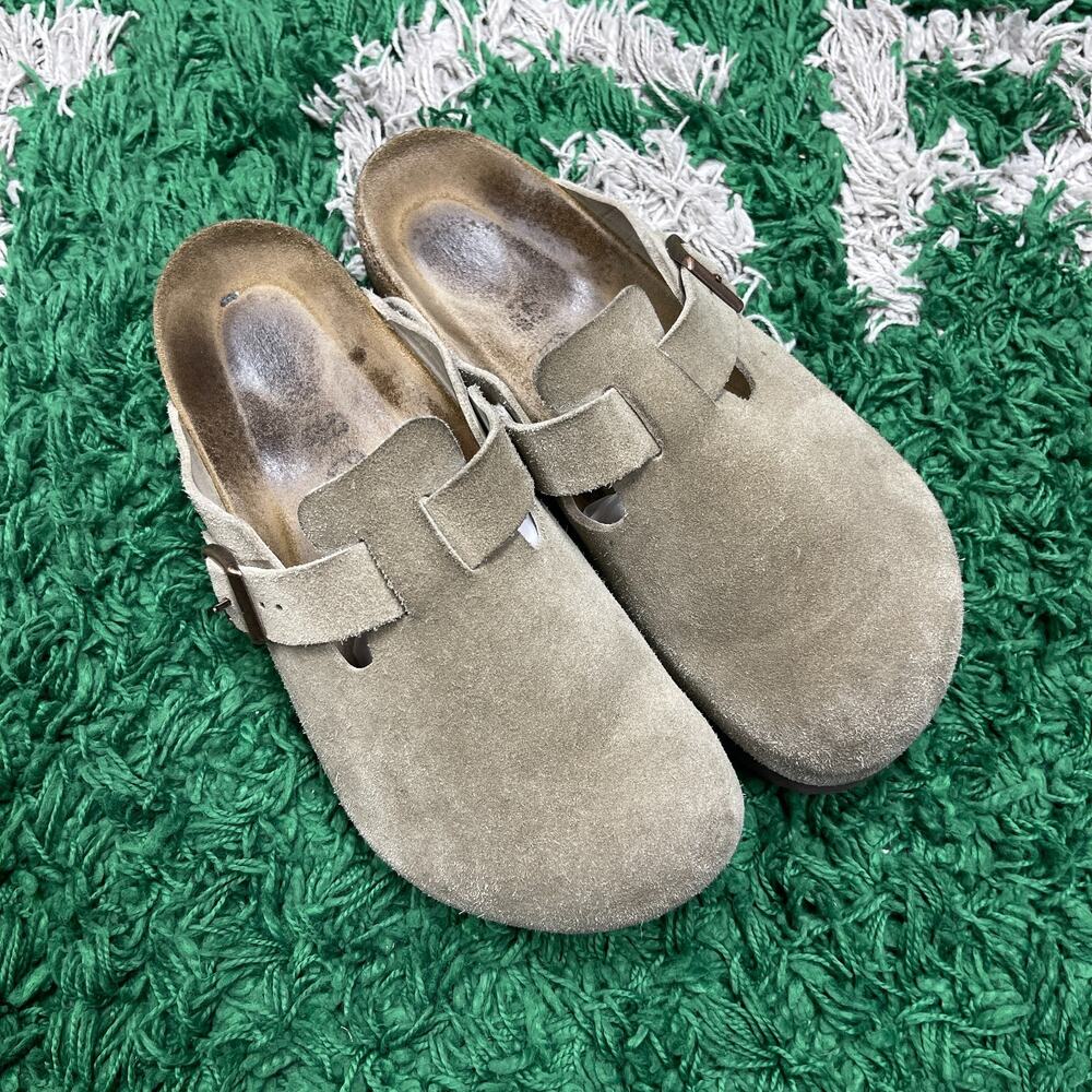 Birkenstock Boston Suede Taupe Soft Footbed Clogs Men's size 43 US 10 Pre Owned - Picture 1 of 13